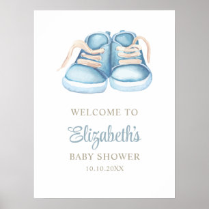 Poster Cartão de Bebê de Sapato Azul Aguarela para Chá de