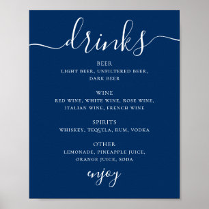 Poster Cartão de Bebidas de Casamento Azul Marinho   Menu