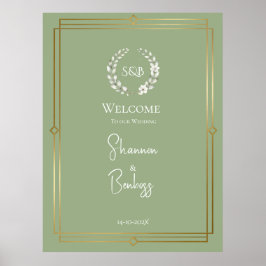 Poster Cartão de Boas-Vindas de Casamento Monograma Verde