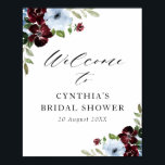 Poster cartão de boas-vindas para chá de noiva em burgund<br><div class="desc">lindas flores em aquarela em burgundy e azul poeirento. O texto e as cores deste cartaz podem ser editados.</div>