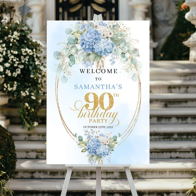 Poster Cartão de Boas-Vindas Pastel Hydrangea Eucalipto 9 (Pastel Hydrangea Eucalyptus 90th birthday welcome)