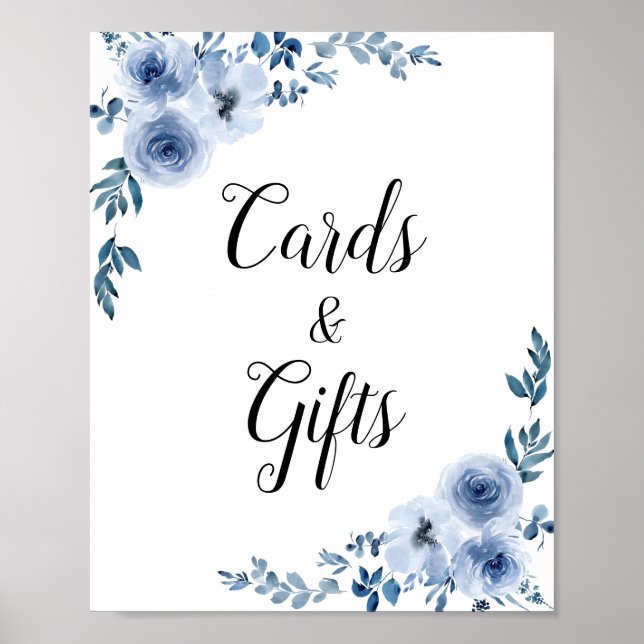 Poster cartão de casamento floral azul empoeirado e sinal (Frente)