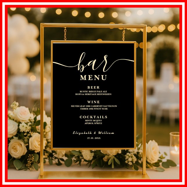 Poster Cartão de Menu de Bar de Casamento com Flores Silv (Criador carregado)