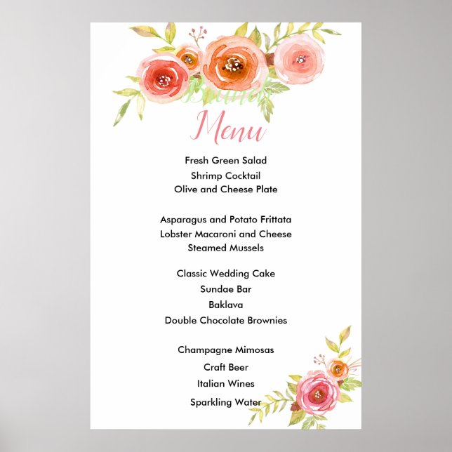 Poster Cartão de Menu de Casamento Floral com rosa Waterc (Frente)