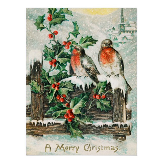 Póster Cartão de Natal Antigo com Pintarroxos, Azevinho e (Frente)