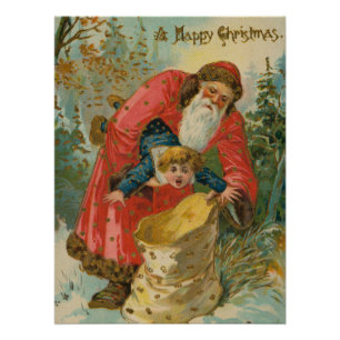 Póster Cartão de Natal Antigo, Papai Noel, Criança Malcri