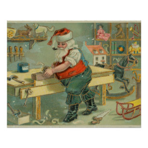 Póster Cartão de Natal Antigo - Papai Noel em sua Oficina