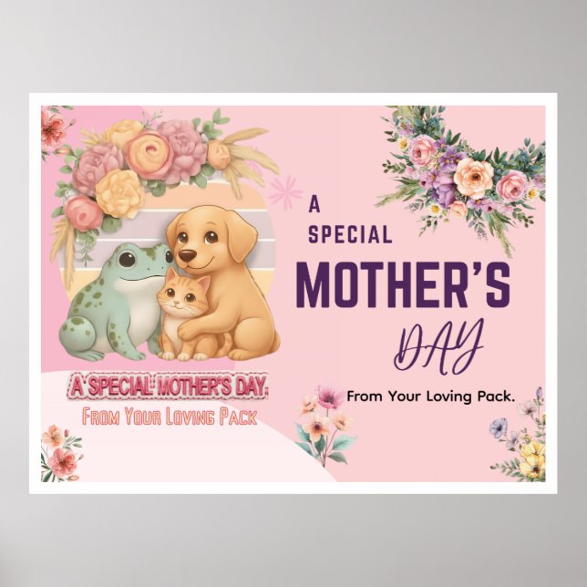 Poster Cartão do Dia das Mães com Cachorro Gato Sapo Fofo (Frente)