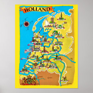 Poster Cartão postal de mapa antigo da Holanda impresso
