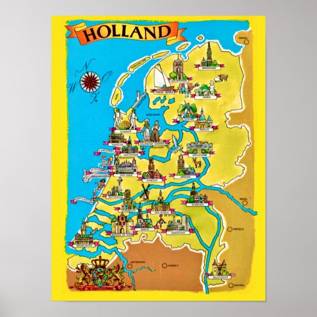 Poster Cartão postal de mapa antigo da Holanda impresso (Frente)