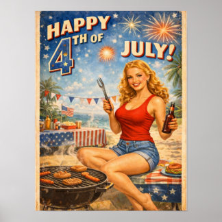 Poster Cartão Postal de Pin-Up Vintage do Dia 4 de Julho