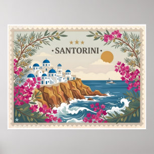 Poster Cartão Postal de Viagem Antigo de Santorini Grécia
