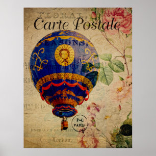 Poster Cartão postal francês Vintage de Hot Air Balloon