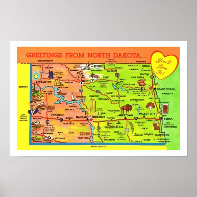 Poster Cartão postal vintage da Dakota do Norte impresso (Frente)