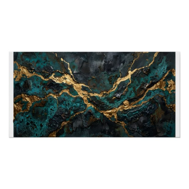 Póster Cartaz Abstrato Fluido Mármore Dourado Turquesa (Frente)