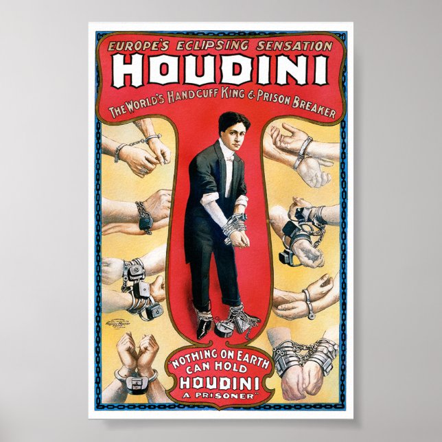 Poster Cartaz Antigo Restaurado Houdini Mágico 1909 (Frente)