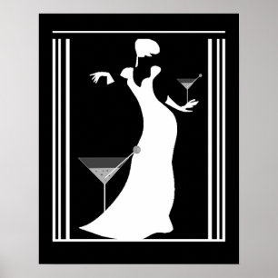 Póster Cartaz ART DECO LADY Preto Branco Invertido