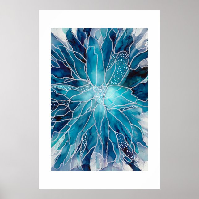 Poster Cartaz - Arte em Tinta Alcoólica Flor Azul Branco (Frente)