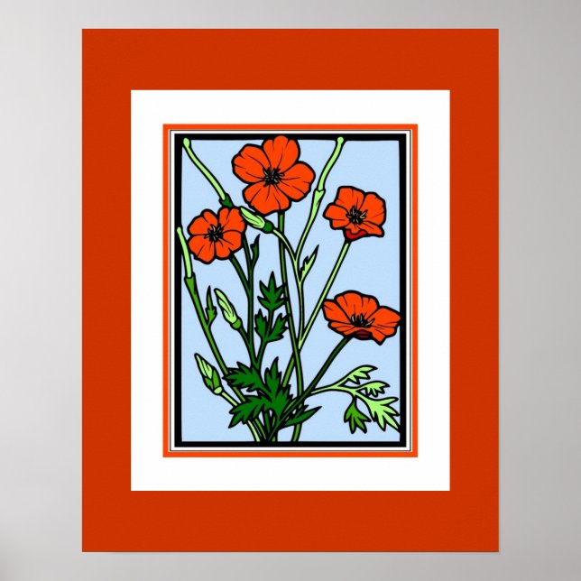 Poster Cartaz Arte Vintage Laranja Papoulas Vermelhas (Frente)