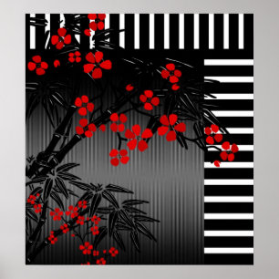 Póster Cartaz Asiático Vermelho Preto Branco Bambu Floral