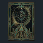 Poster Cartaz Astrólabo Celestial Art Déco | Dourado Verd<br><div class="desc">Explore os mistérios do cosmos com o pôster do Astrolábio "Aura Celestial". Este design intrincado apresenta um motor celestial central, completo com planetas em órbita e uma estrela da lua crescente, cercado por mapas de constelações meticulosamente detalhados. Abaixo dos céus, há uma grandiosa estrutura Art Déco simétrica composta por motivos...</div>
