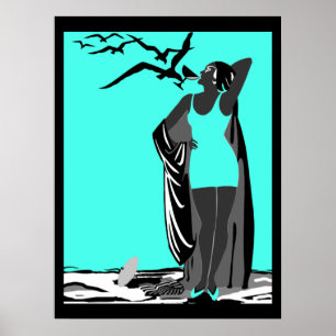 Poster Cartaz azul-verde ART DECO SENHORA Preto Branco pá