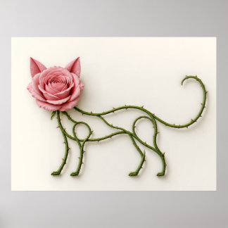 Poster Cartaz Botânico de Gato Rosa com Videira Espinhosa