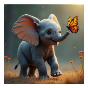 Póster Cartaz Brilhante de Elefante Bebê Perseguindo uma 