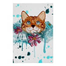 cartaz brilhante de pintura de gato Bengal em aqua