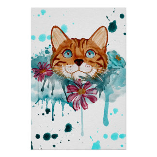 Póster cartaz brilhante de pintura de gato Bengal em aqua