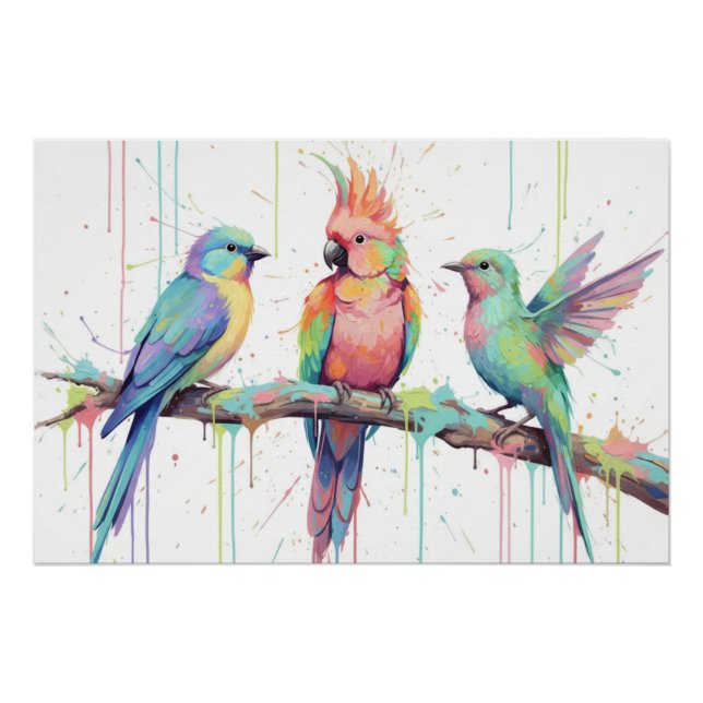 Póster Cartaz brilhante de três aves coloridas pastel (Frente)