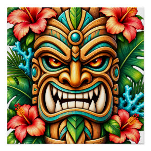 Póster Cartaz Brilhante Guardião Tiki Coroa de Hibisco