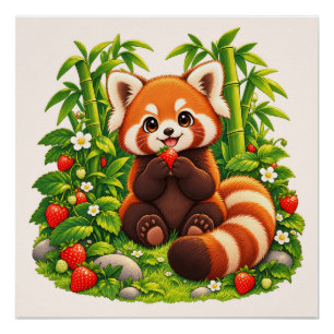 Póster Cartaz Brilhante Jardim de Morango Panda Vermelho