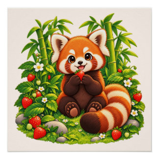 Póster Cartaz Brilhante Jardim de Morango Panda Vermelho