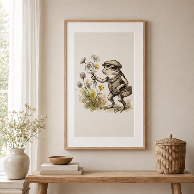 Póster Cartaz Caprichoso de Sapo com Flores Silvestres em (Criador carregado)