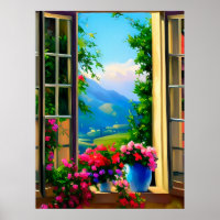 Cartaz Cenas de Janela Arte Montanhas Flores 18x24