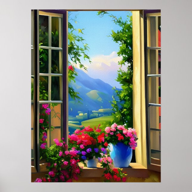 Poster Cartaz Cenas de Janela Arte Montanhas Flores 18x24 (Frente)