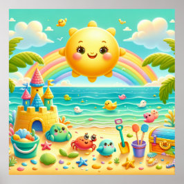 Poster Cartaz Colorido da Praia para Berçário Arco-Íris