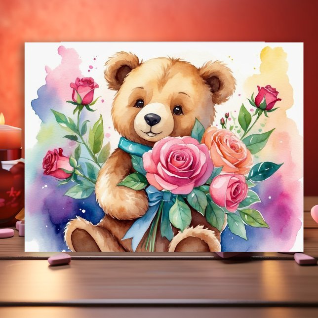 Poster Cartaz com Urso de Pelúcia em Aquarela e Rosas (Criador carregado)