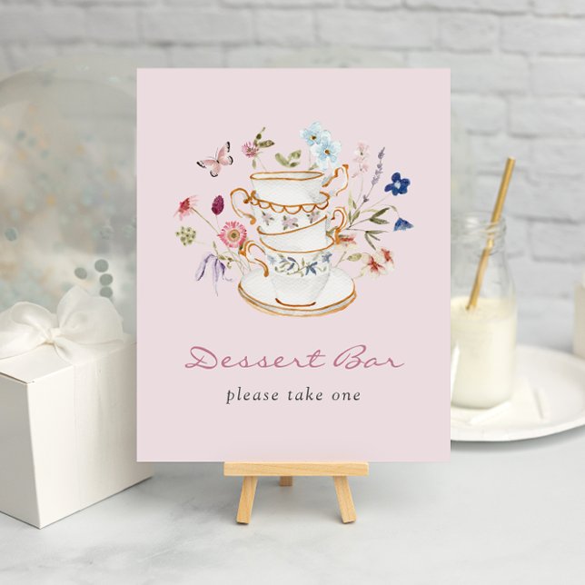 Poster Cartaz da Barra de Sobremesa Rosa (Pink Floral Tea Cup Dessert Bar Poster with Butterfly by Painted Paperie
)