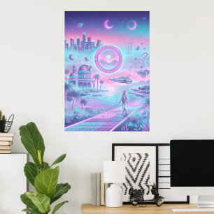 Poster Cartaz da Cidade Futurista Synthwave Parede de N