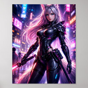 Poster Cartaz da Cidade Neon do Guerreiro Raposa Cyberpun