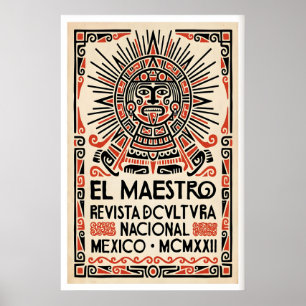 Poster Cartaz da Cultura Mexicana Estilizado Rosto Asteca