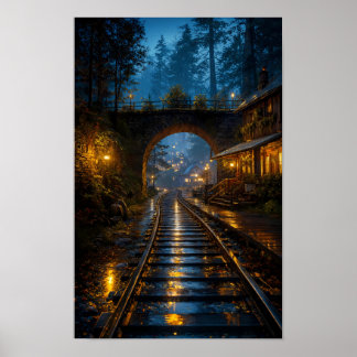 Poster Cartaz da Ferrovia Iluminada pela Chuva Através do