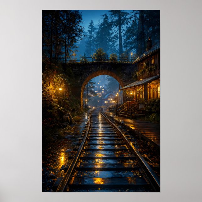 Poster Cartaz da Ferrovia Iluminada pela Chuva Através do (Frente)
