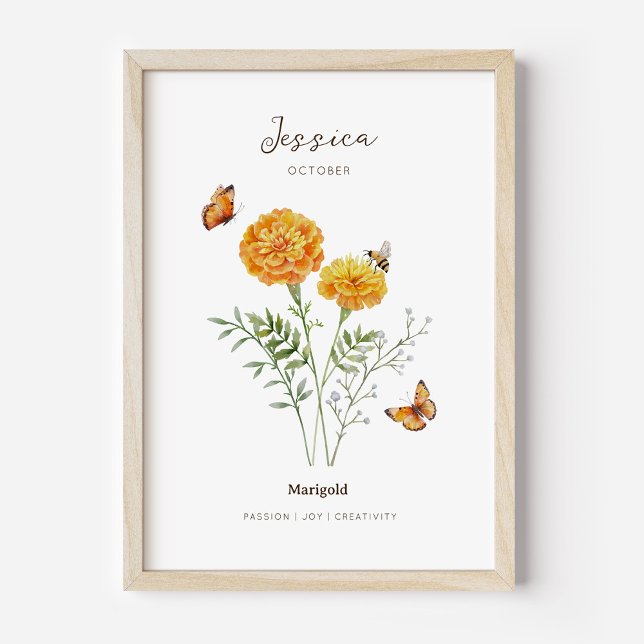 Poster Cartaz da Flor de Nascimento Marigold (Example of marigold birth flower poster once framed. )