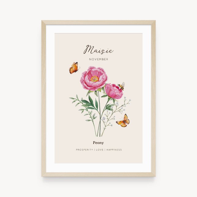 Poster Cartaz da Flor de Nascimento Peônia (Example of peony birth flower poster once framed. )