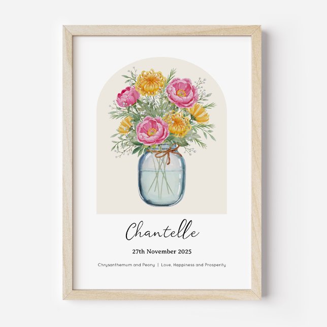 Poster Cartaz da Flor de Nascimento Peônia Crisântemo (Personalised November Birth Month Flower Bouquet in Vase Poster | Chrysanthemum and Peony.)
