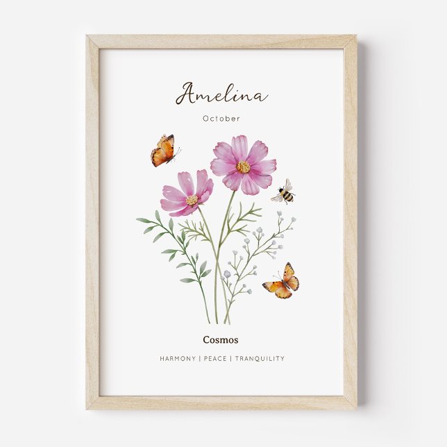 Poster Cartaz da Flor do Mês de Nascimento Cosmos (Example of cosmos birth flower poster once framed. )