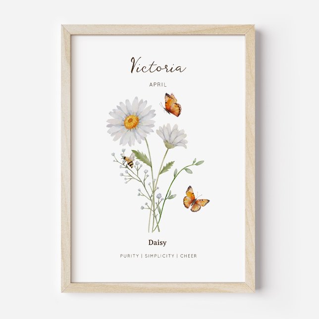 Poster Cartaz da Flor do Mês de Nascimento Daisy (Example of daisy birth flower poster once framed. )